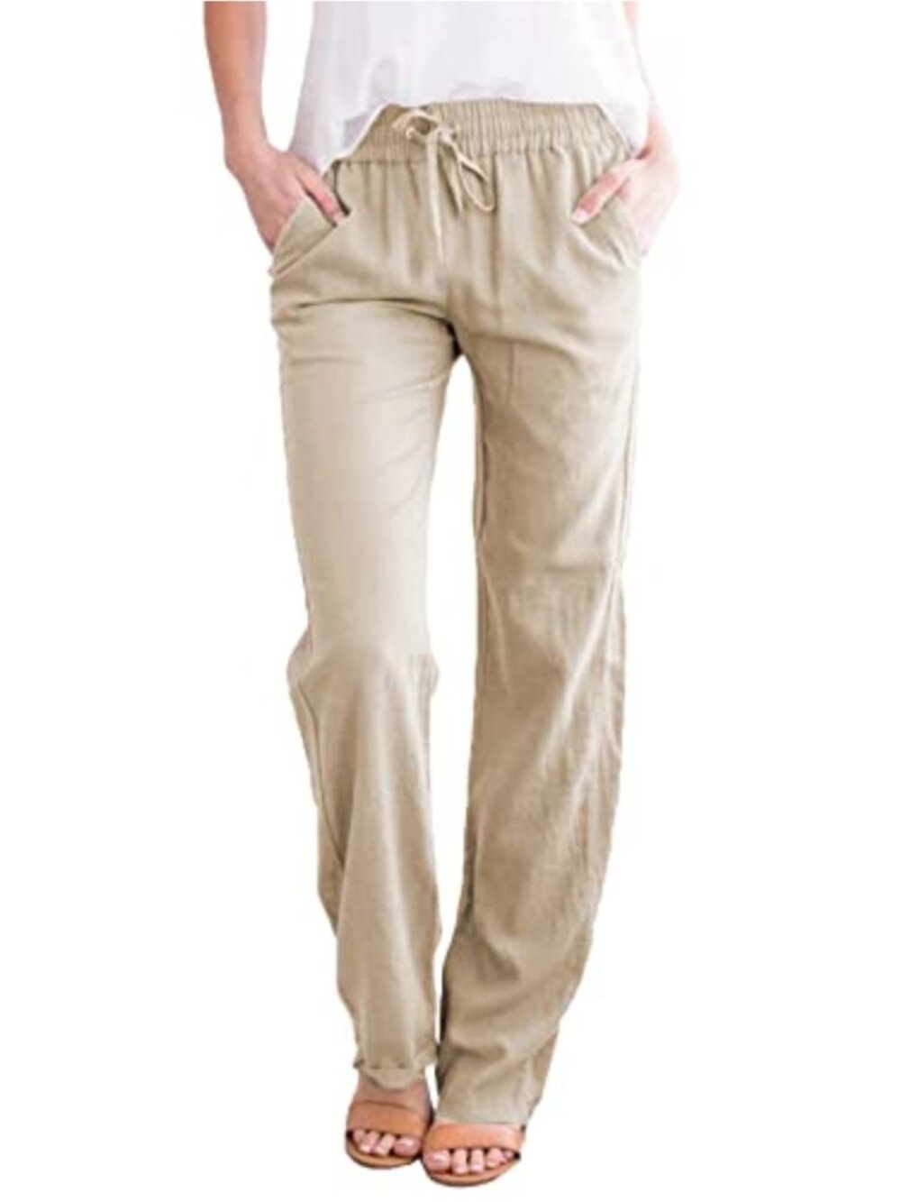 Cotton Linen Straight Leg Pants Lightweight Chinos Drawstring Waist